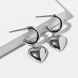 White Gold Dipped Puffy Heart Drop Dangle Mini Hoop Earrings