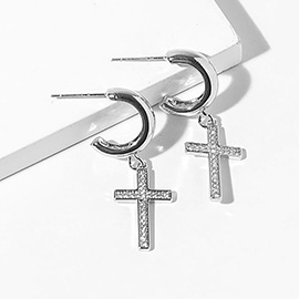 White Gold Dipped CZ Stone Paved Cross Drop Dangle Mini Hoop Earrings