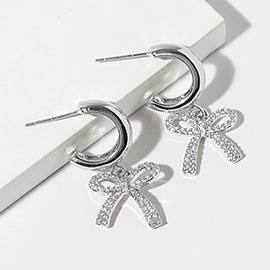 White Gold Dipped CZ Stone Paved Bow Drop Dangle Mini Hoop Earrings
