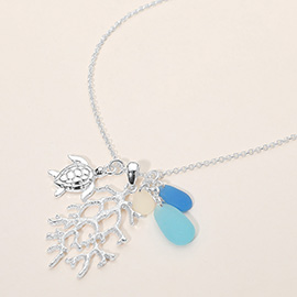 Sea Glass Sea Turtle Coral Charm Pendant Necklace