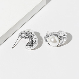 White Gold Dipped Pearl Accent Textured Crescent Hoop Earrings