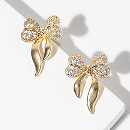 Gold Dipped CZ Stone Paved Bow Stud Earrings