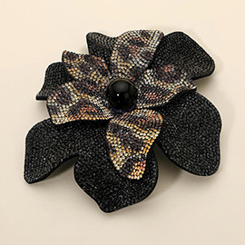 Pearl Accent Bling Studded Leopard Pattern Flower Pin Brooch Alligator Snap Hair Clip