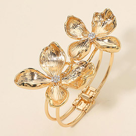 Double Floral Accent Statement Hinged Bangle Bracelet