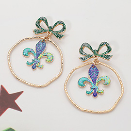 Mardi Gras Fleur De Lis Bow Hoop Drop Dangle Earrings