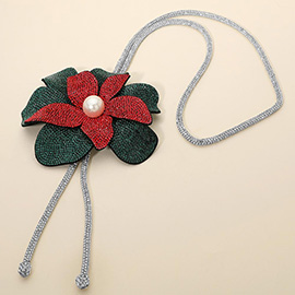 Pearl Centered Bling Studded Flower Pointed Bolo Tie Necklace