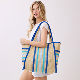 Multi Color Stripes Natural Straw Tote Bag