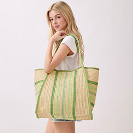 Multi Color Stripes Natural Straw Tote Bag
