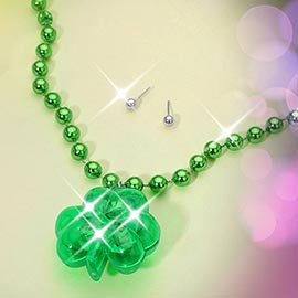 Light Up St Patricks Shamrock Pendant Beaded Long Necklace
