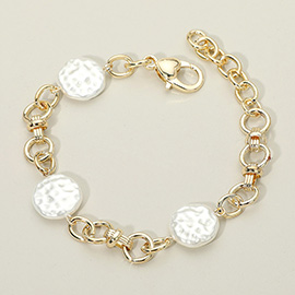14K Gold Plated Textured Pearl Disc Station Chunky Chain Link Bracelet