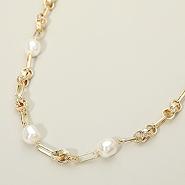 14K Gold Plated Pearl Mixed Chain Link Necklace