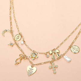 Bow Heart Floral Cross Pearl Crescent Coin Charm Station Layered Necklace