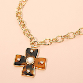 Pearl Accent Resin Cross Pendant Necklace