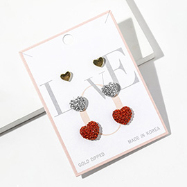 3Pairs - Gold Dipped Metal Rhinestone Studded Heart Stud Earring Set