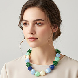 Chunky Marbled Resin Pebble Beaded Statement Necklace