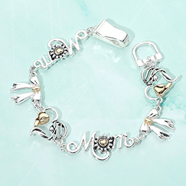 Two Tone Metal Mom Heart Bow Charm Link Magnetic Bracelet