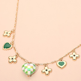 Heart Flower Motif Charm Staton Necklace