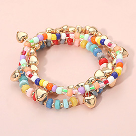 3PCS - Heart Charm Multi Beaded Stretch Layered Bracelets