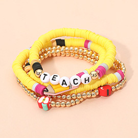 5PCS - TEACH Message Apple Metal Ball Heishi Beaded Stretch Multi Layered Bracelets