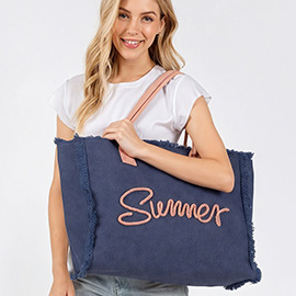 SUMMER Message Embroidered Fringe Canvas Tote Bag / Beach Bag