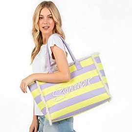SUMMER Message Embroidered Fringe Striped Tote Beach Bag