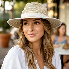 Bow Accent Two Tone Woven Straw Summer Fedora Hat