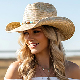 Stone Wood Beaded Band Summer Straw Cowboy Hat