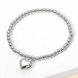 Stainless Steel Heart Charm Beaded Stretch Bracelet