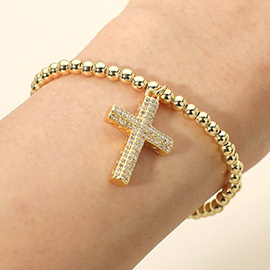 Stainless Steel CZ Paved Cross Charm Beaded Stretch Bracelet
