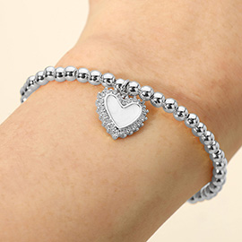 Stainless Steel CZ Trim Mother of Pearl Heart Charm Beaded Stretch Bracelet