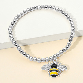 Stainless Steel CZ Stone Paved Enamel Honey Bee Charm Beaded Stretch Bracelet