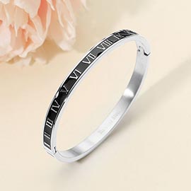 Stainless Steel Enamel Inlay Roman Numeral Hinged Bangle Bracelet