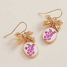 Bow Enamel Oval Floral Charm Link Drop Dangle Earrings