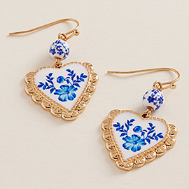 Enamel Floral Heart Frame Charm Drop Dangle Earrings