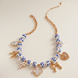 Quatrefoil Teardrop Stone Bow Cross Heart Charm Station Floral Ceramic Ball Link Chain Necklace