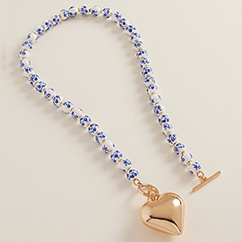 Puffy Metal Heart Toggle Pendant Floral Ceramic Ball Beaded Necklace