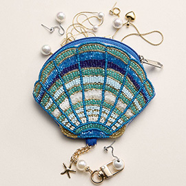Starfish Charm Keychain Seed Beaded Shell Mini Pouch Bag