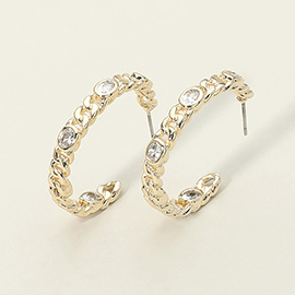 14K Gold Plated Oval CZ Stone Accent Chain Hoop Earrings
