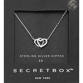 SECRET BOX_Sterling Silver Dipped CZ Stone Paved Double Heart Pendant Necklace