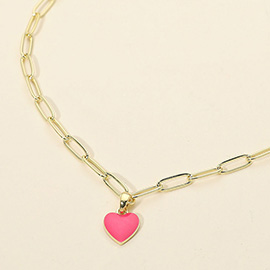 Stainless Steel Enamel Heart Pendant Paperclip Chain Necklace