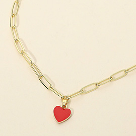 Stainless Steel Enamel Heart Pendant Paperclip Chain Necklace