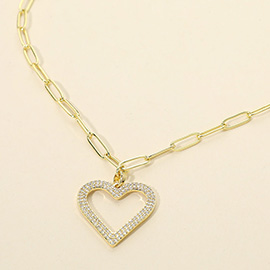 Stainless Steel CZ Stone Paved Open Heart Pendant Paperclip Chain Necklace