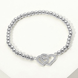 Stainless Steel CZ Stone Paved Interlocking Heart Beaded Stretch Bracelet