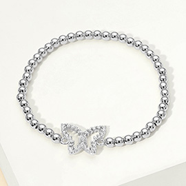 Stainless Steel CZ Stone Paved Butterfly Charm Beaded Stretch Bracelet
