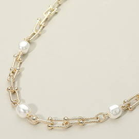 14K Gold Plated Pearl Accent Textured Industrial Link Chain Necklace