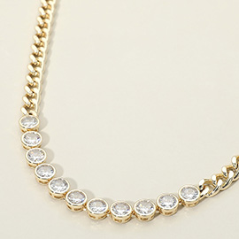 14K Gold Plated Round CZ Bezel Link Chain Necklace