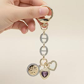 14K Gold Plated CZ Double Heart Coin Charm Drop Keychain Bag Charm