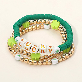 3PCS - LUCKY Message St Patricks Clover Beaded Stretch Multi Layered Bracelets