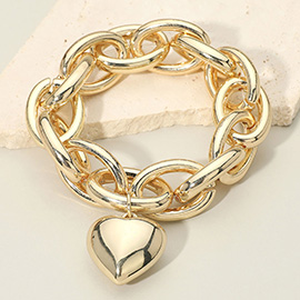 Chunky Puffy Metal Heart Charm Chain Link Stretch Bracelet