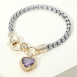 Two Tone CZ Stone Heart Charm Bracelet